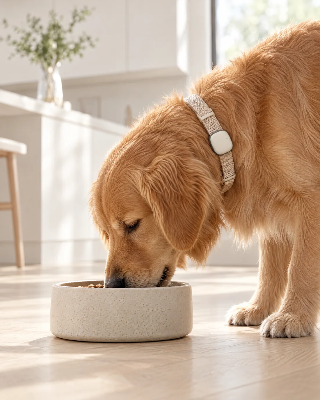 A golden retriever eating from a bowl