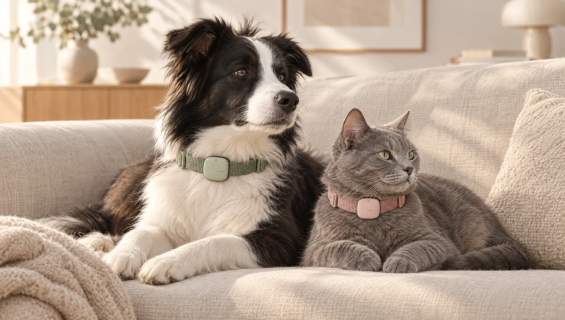 A dog and a cat resting on a sofa, both wearing Mivuni collars